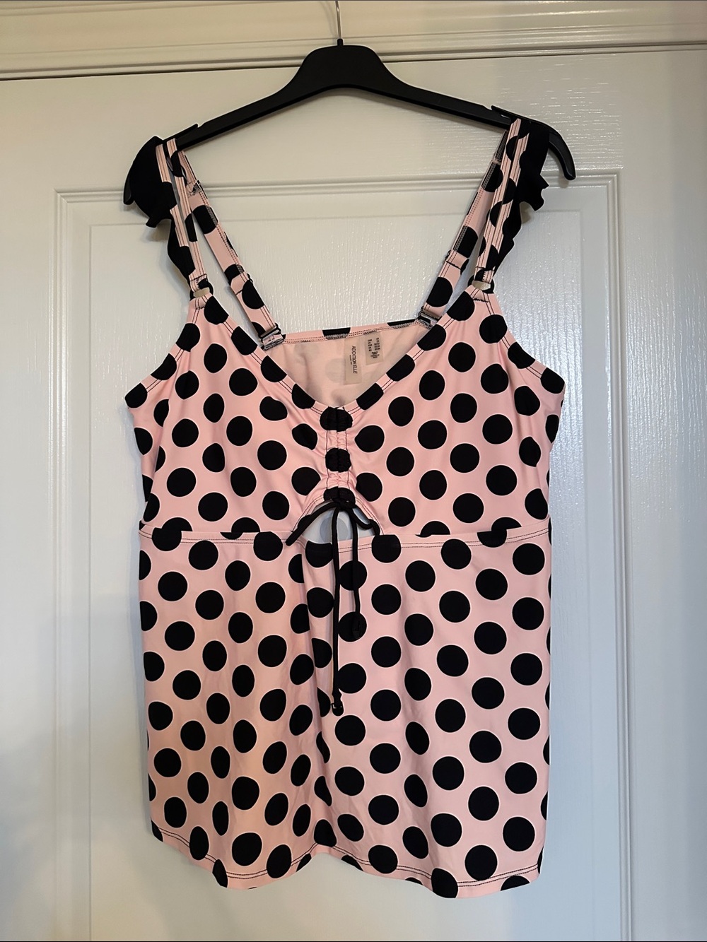 Addition Elle Pink and Black Polka Dot Swim top with removable Ruffle Straps